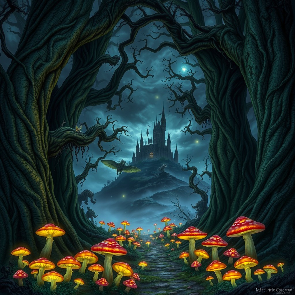 A richly detailed dark fantasy landscape set in an enchanted forest