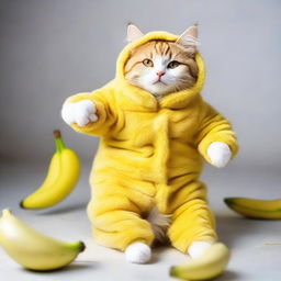 An adorable and playful image of a fluffy domestic cat humorously dressed in a bright yellow banana suit, the peel playfully draped over its body while it relaxes.