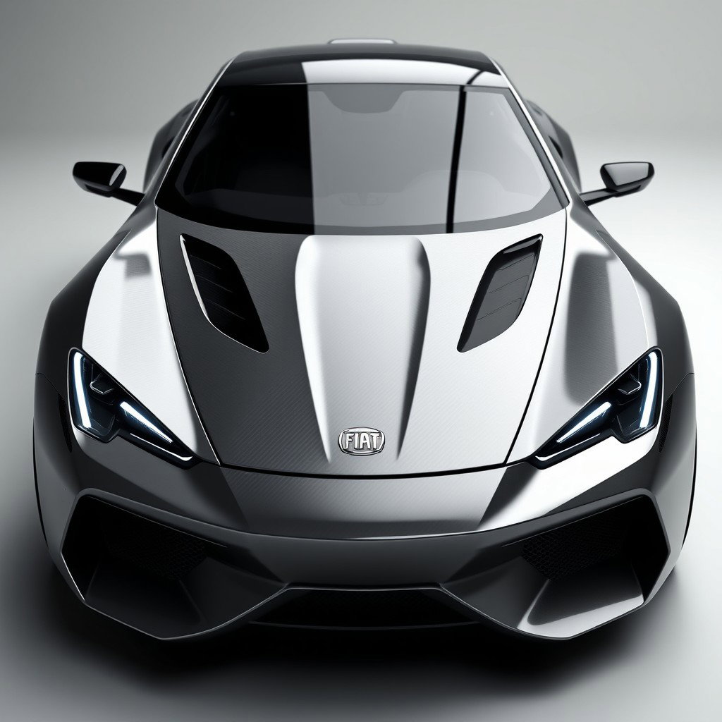 A frontal view of a futuristic compact sports car concept named 'F Uno Concept', inspired by the Fiat Uno