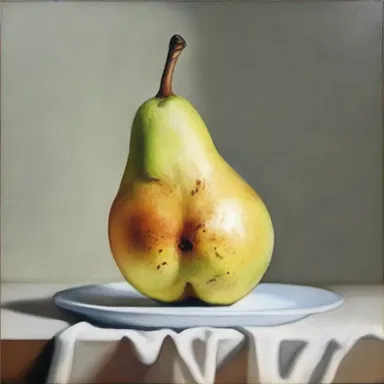 The still life painting displayed a beautiful pear that had been delicately sliced with a parer.