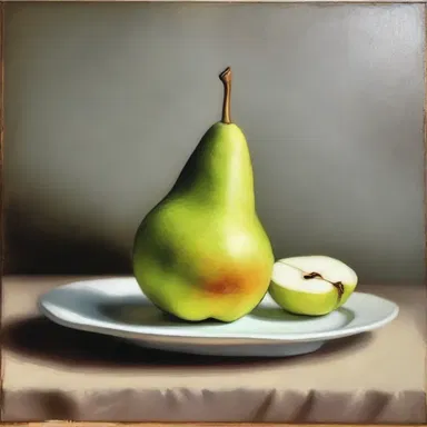 The still life painting displayed a beautiful pear that had been delicately sliced with a parer.