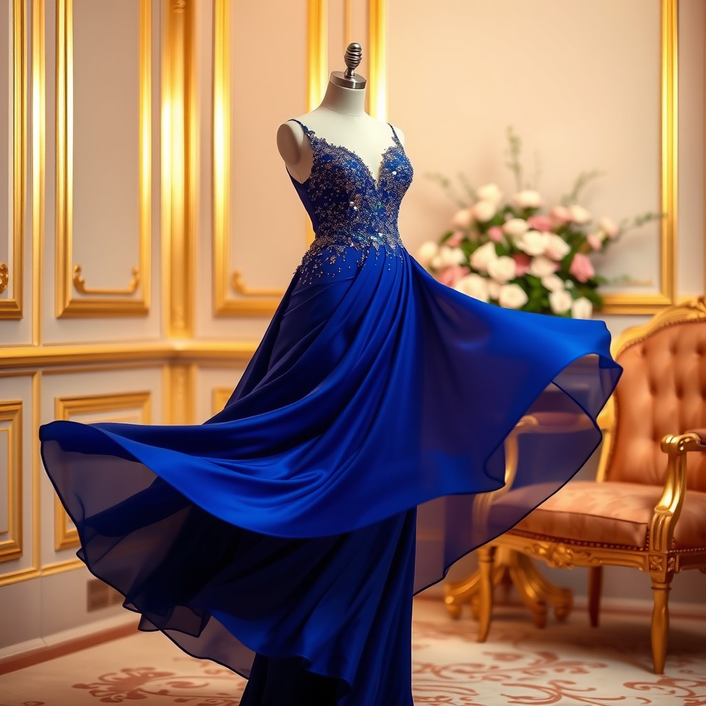 A stunning, elegant evening dress showcased in a luxurious setting