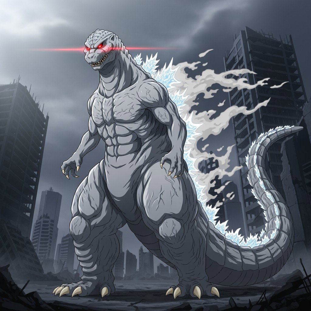 Epic Grey-White Godzilla with Striking Red Eyes