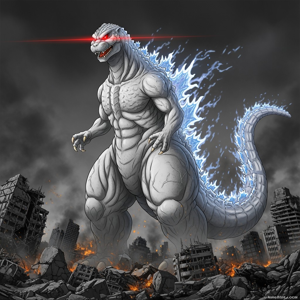 An anime-style depiction of a legendary Godzilla in shades of grey and white, featuring vibrant red eyes that pierce through the scene
