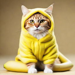 An adorable and playful image of a fluffy domestic cat humorously dressed in a bright yellow banana suit, the peel playfully draped over its body while it relaxes.