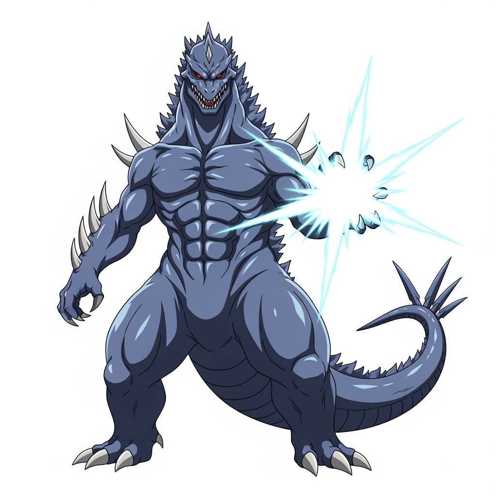 An anime style illustration of a fierce and powerful Titanus Gojira