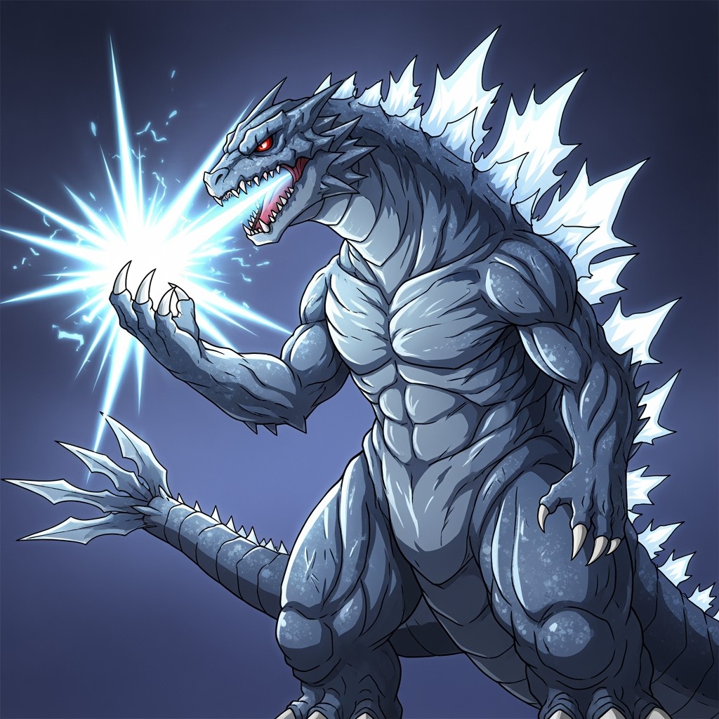 An anime style illustration of Titanus Gojira, showcasing a square face and broad neck