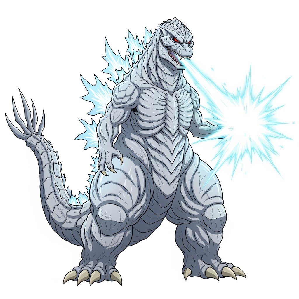 An anime style depiction of Titanus Gojira, characterized by white skin-scales and striking red eyes that convey an intense and fierce expression
