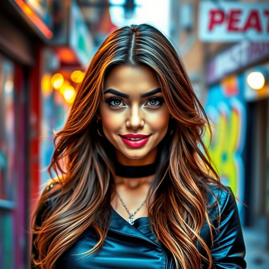 A stunningly beautiful woman with bold features, captivating eyes, and an alluring smile