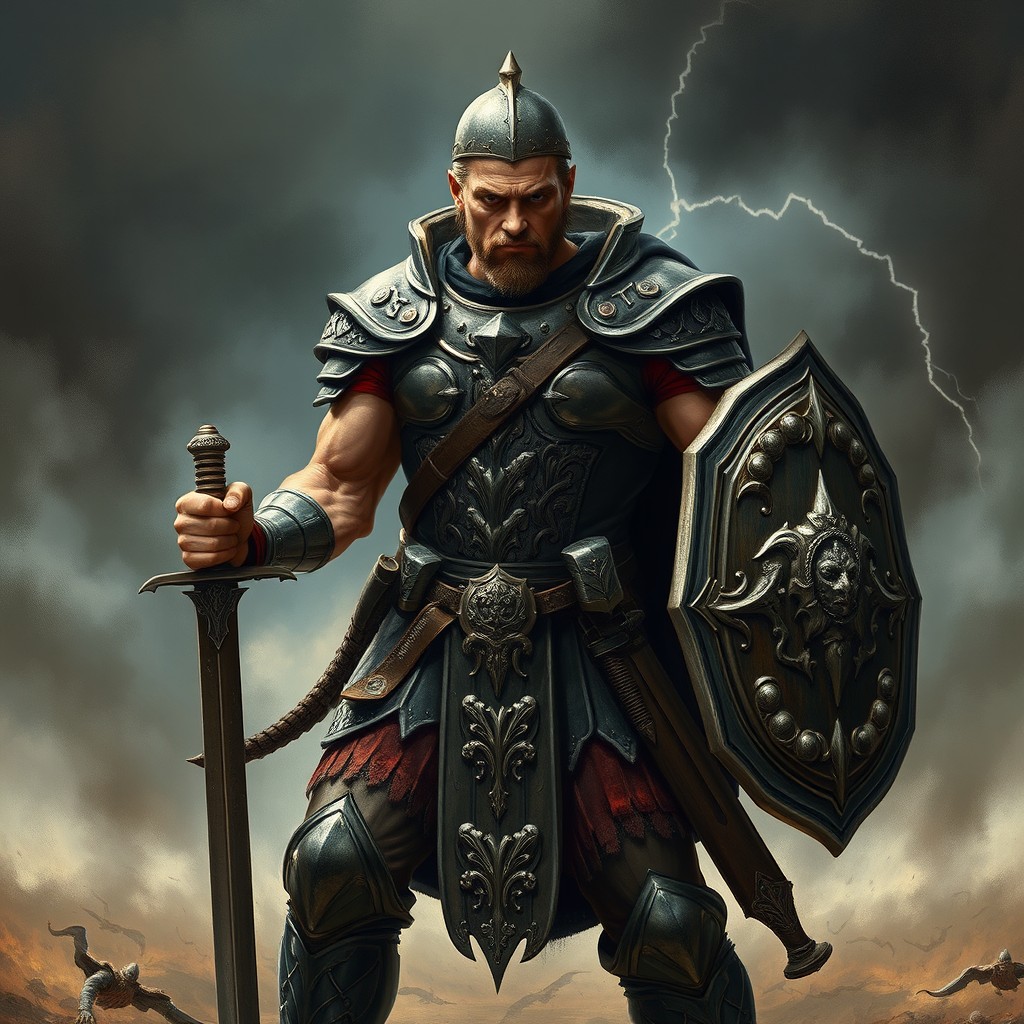 A warrior standing in a strong combat stance, muscles tense and ready for action