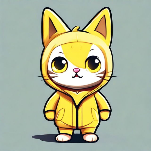 A 2D cartoon style image of an adorable cat wearing a humorous banana suit. The animated cat has big expressive eyes and it's sitting proudly, flaunting its bright, yellow, banana-themed outfit.