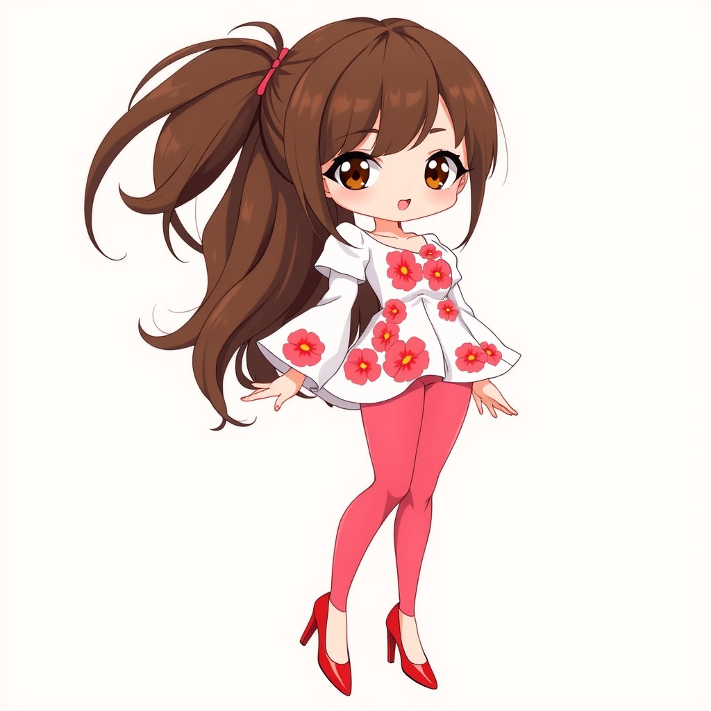 A full body illustration of an anime-style girl with dark brown eyes and a stylish brown layered (cascade) haircut
