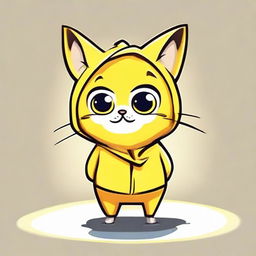 A 2D cartoon style image of an adorable cat wearing a humorous banana suit. The animated cat has big expressive eyes and it's sitting proudly, flaunting its bright, yellow, banana-themed outfit.