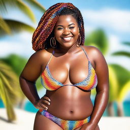 This is a high-quality photograph of a radiant, young African American woman with a plus-sized figure and intricately braided hair