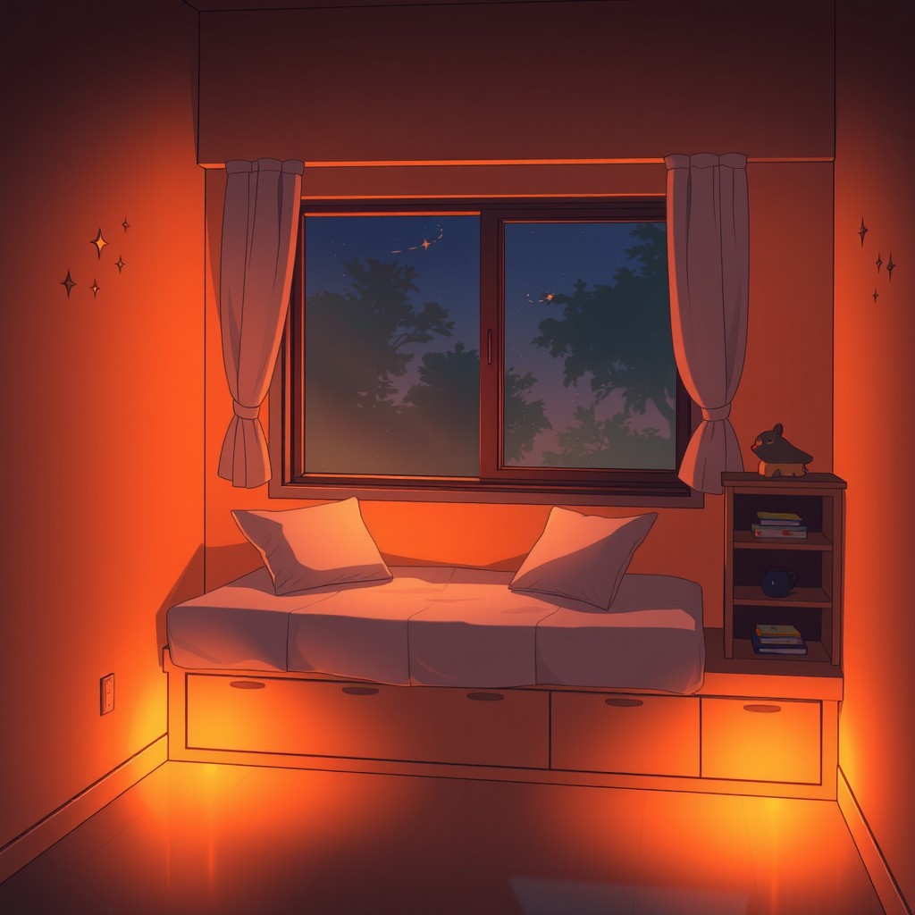 A cozy anime-style upstairs room at night, featuring a window bench that doubles as a bed