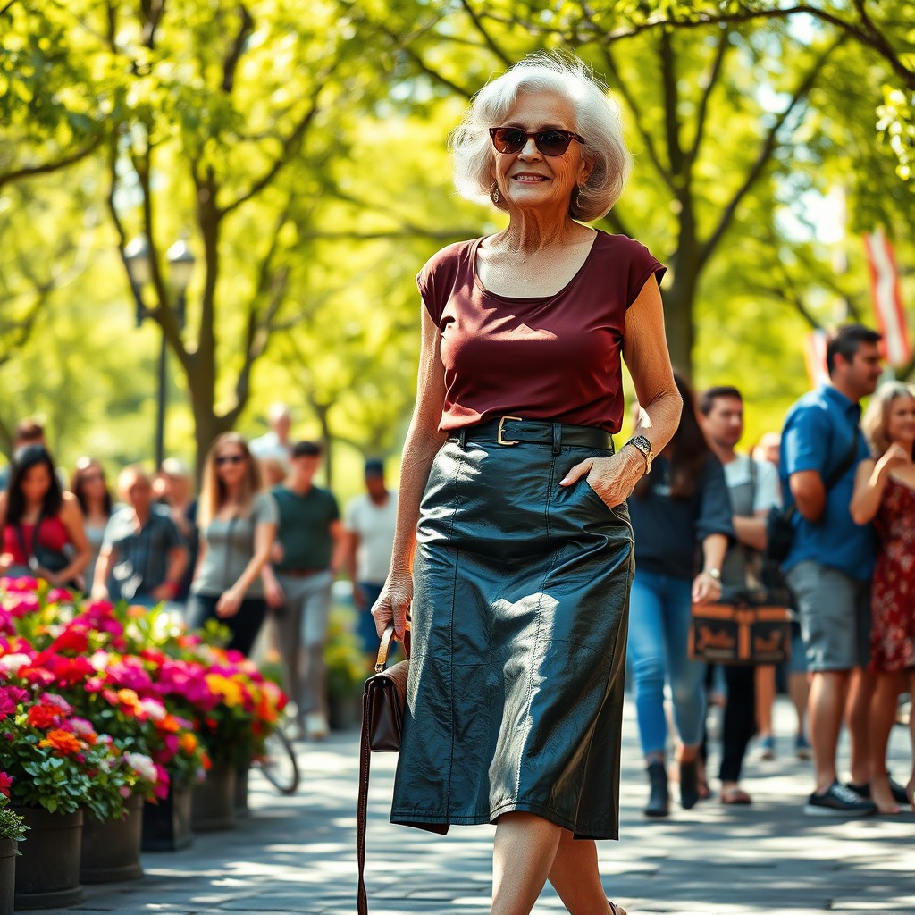 An elderly woman confidently wearing a stylish leather skirt while strolling through a lively public park filled with colorful flowers and bustling people