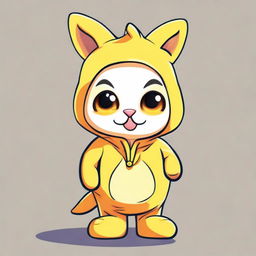 A 2D cartoon style image of an adorable cat wearing a humorous banana suit. The animated cat has big expressive eyes and it's sitting proudly, flaunting its bright, yellow, banana-themed outfit.