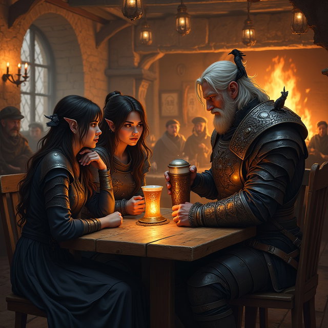 Inside a cozy, warmly lit tavern, a male Kensei battlemage, embodying an apologetic demeanor, shares a table with his Elf Shadow Monk wife and their Cleric of Fate Elf daughter