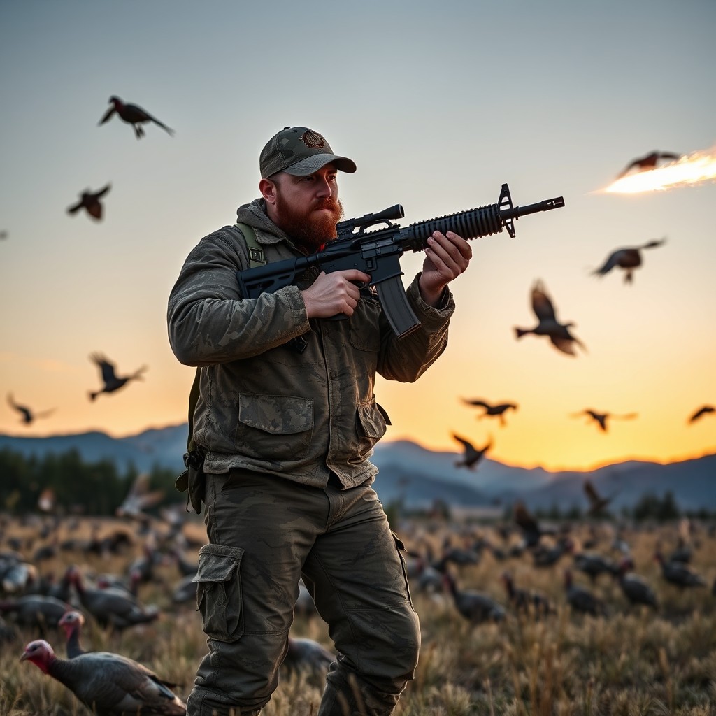 A rugged man dressed in camouflage gear, confidently holding a large machine gun with a long clip of bullets slung over his shoulder, firing a hail of bullets