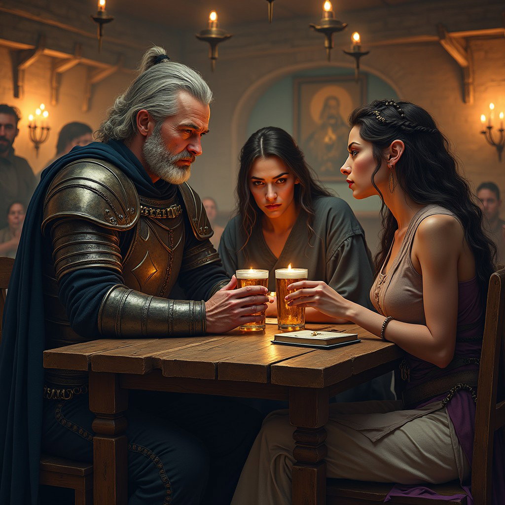 A middle-aged male Kensei battlemage, radiating an apologetic demeanor, sits at a rustic wooden table in a cozy tavern