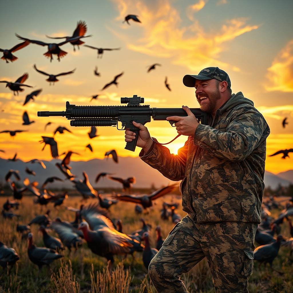A male figure dressed in camouflage, holding a large machine gun with a long clip, firing hundreds of rounds with an evil grin and laughter