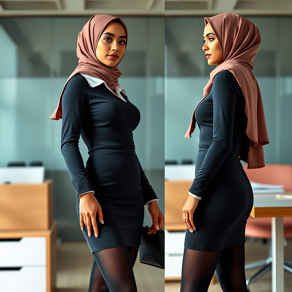 A realistic model portraying an Islamic secretary in a professional office setting