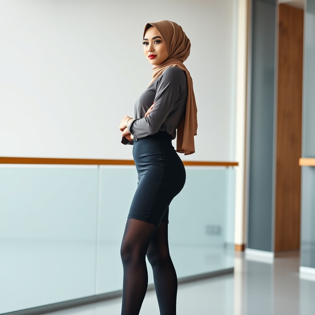 A realistic model portraying an Islamic secretary in a professional office environment