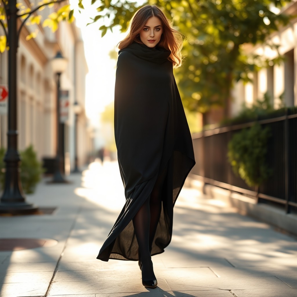 A woman dressed in a thick black chadori, elegantly covering her figure while maintaining a sense of style