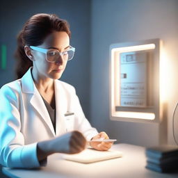 3D depiction of Dr. Lauren gently inserting a chip into a slick device, which emits a soft glow that fills the room with expectancy.