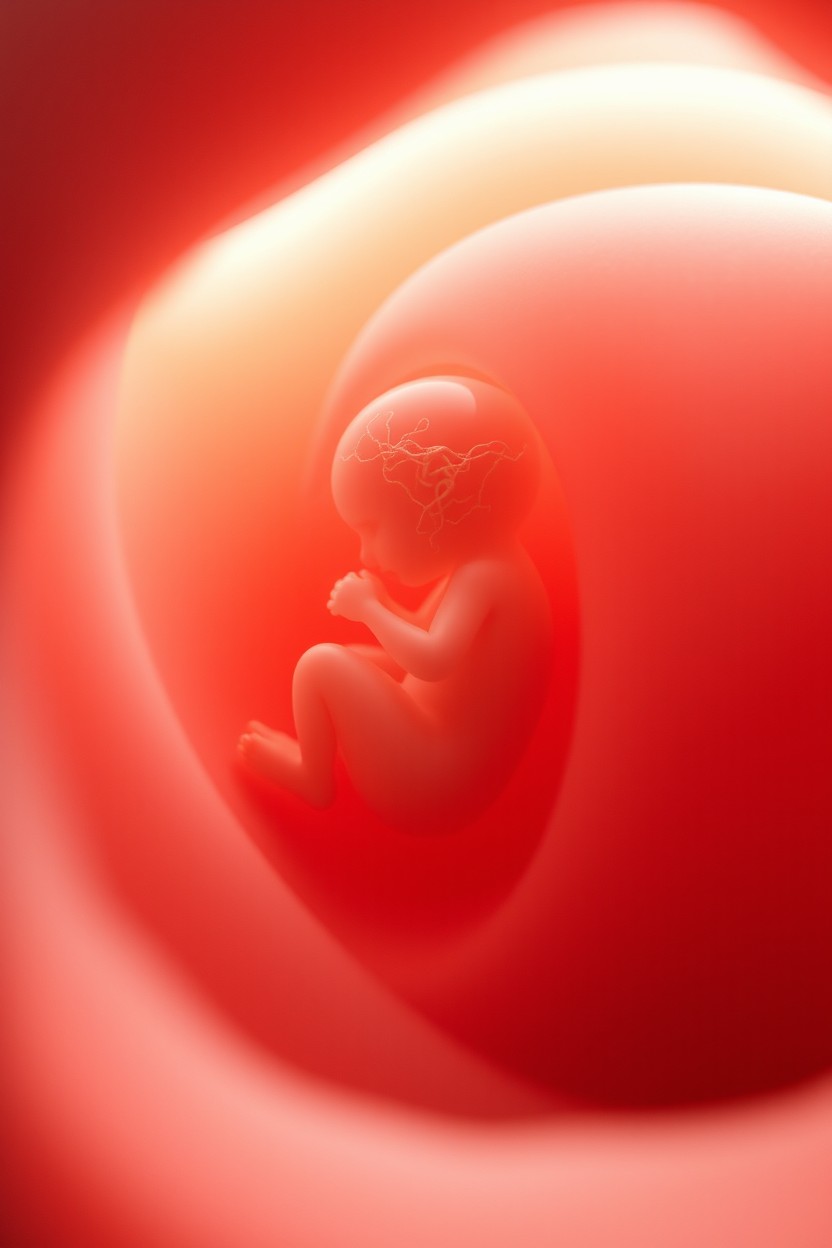A close-up render of an embryo within a human womb, showcasing the intricate details of the developing cells and tissues