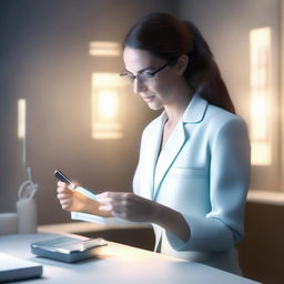 3D depiction of Dr. Lauren gently inserting a chip into a slick device, which emits a soft glow that fills the room with expectancy.