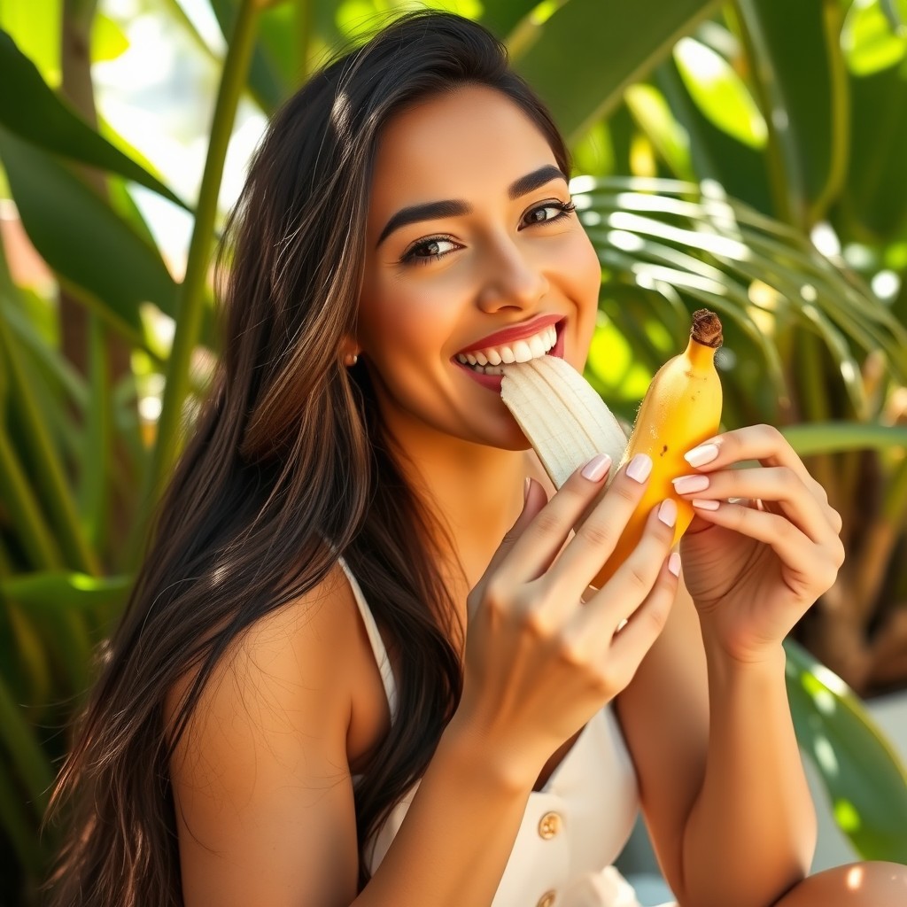 A beautiful Latina woman enjoying a ripe banana, sitting casually in a bright, tropical setting with lush greenery around her