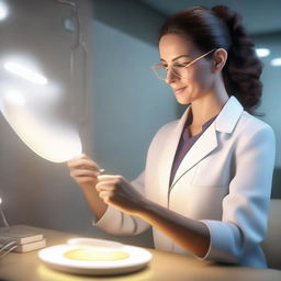 3D depiction of Dr. Lauren gently inserting a chip into a slick device, which emits a soft glow that fills the room with expectancy.