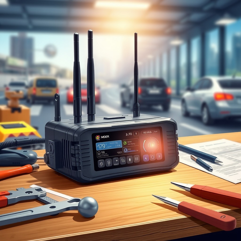 A detailed illustration of a high-tech vehicle tracker device, showcasing its sleek design with a bright LED screen, antennas, and various buttons