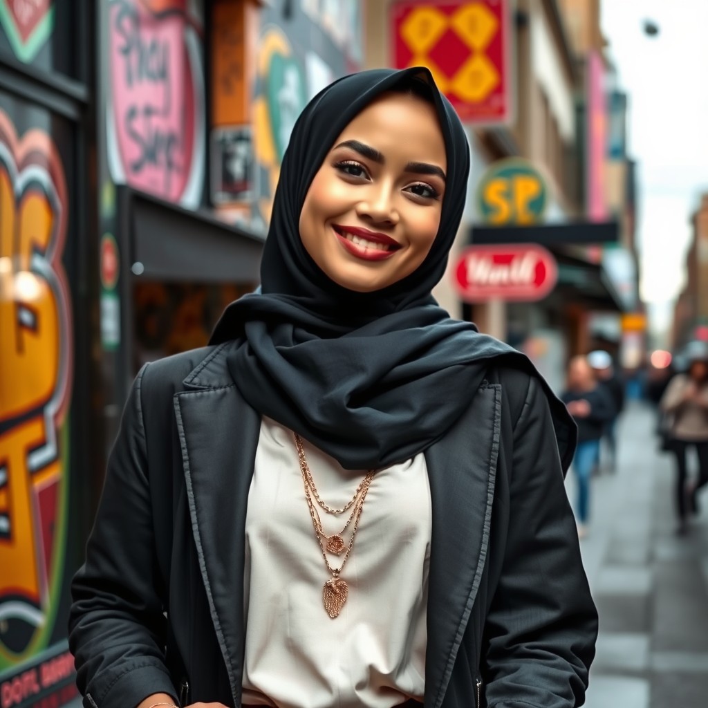 A hijab-wearing woman posing confidently in a stylish urban setting