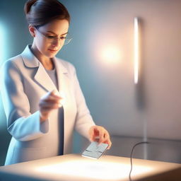 3D depiction of Dr. Lauren gently inserting a chip into a slick device, which emits a soft glow that fills the room with expectancy.