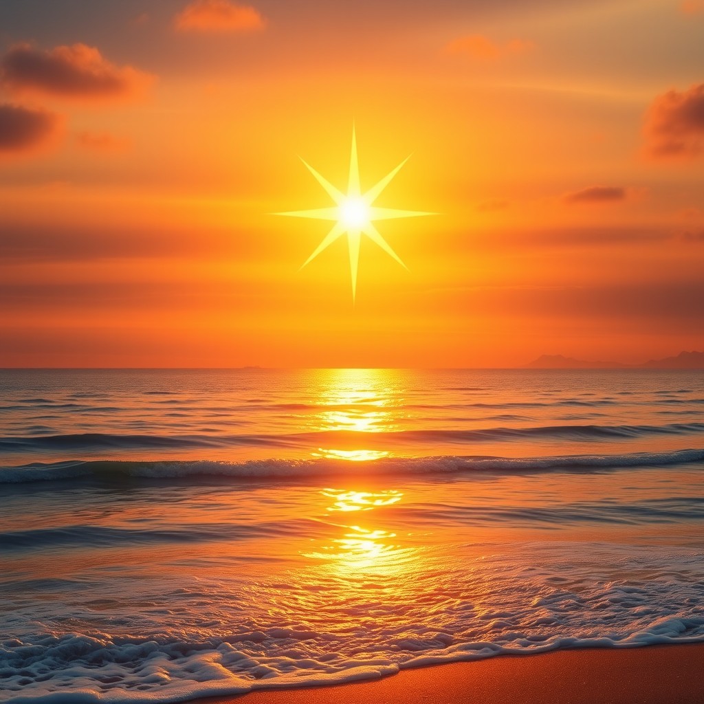 A magnificent golden star shining brilliantly above a serene ocean, casting a warm reflective glow on the water's surface