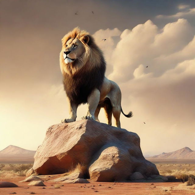 A representation of the concept 'Supreme Dominant', depicted as a majestic lion standing atop a rocky intro overlooking a vast savanna, symbolizing power and authority.