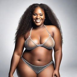 This high-resolution photograph features a confident, young African American woman with a plus-sized figure and intricately braided hair