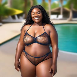 This high-resolution photograph features a confident, young African American woman with a plus-sized figure and intricately braided hair