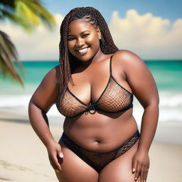 This high-resolution photograph features a confident, young African American woman with a plus-sized figure and intricately braided hair