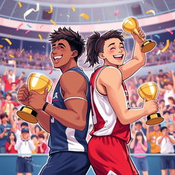 A dynamic illustration depicting two athletes engaged in a back-to-back celebration after winning a championship