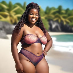 This high-resolution photograph features a confident, young African American woman with a plus-sized figure and intricately braided hair