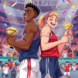 A dynamic illustration depicting two athletes engaged in a back-to-back celebration after winning a championship