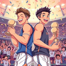 A dynamic illustration depicting two athletes engaged in a back-to-back celebration after winning a championship