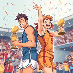 A dynamic illustration depicting two athletes engaged in a back-to-back celebration after winning a championship