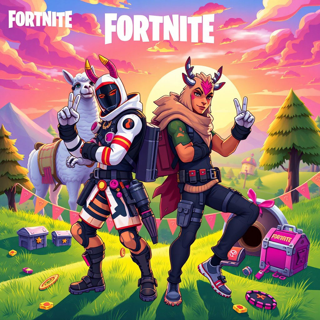 A vibrant Fortnite-themed illustration showcasing two characters in a back-to-back pose, celebrating their victory with the signature 'W' hand gestures