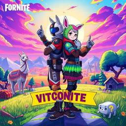 A vibrant Fortnite-themed illustration showcasing two characters in a back-to-back pose, celebrating their victory with the signature 'W' hand gestures