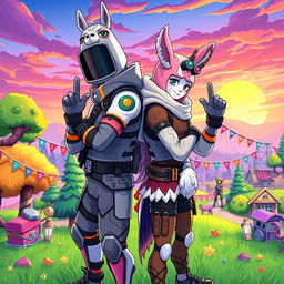 A vibrant Fortnite-themed illustration showcasing two characters in a back-to-back pose, celebrating their victory with the signature 'W' hand gestures