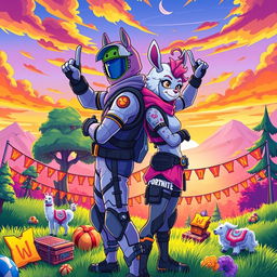 A vibrant Fortnite-themed illustration showcasing two characters in a back-to-back pose, celebrating their victory with the signature 'W' hand gestures
